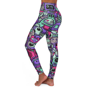 Women's High Waisted Yoga Leggings - "Robot Doodles"